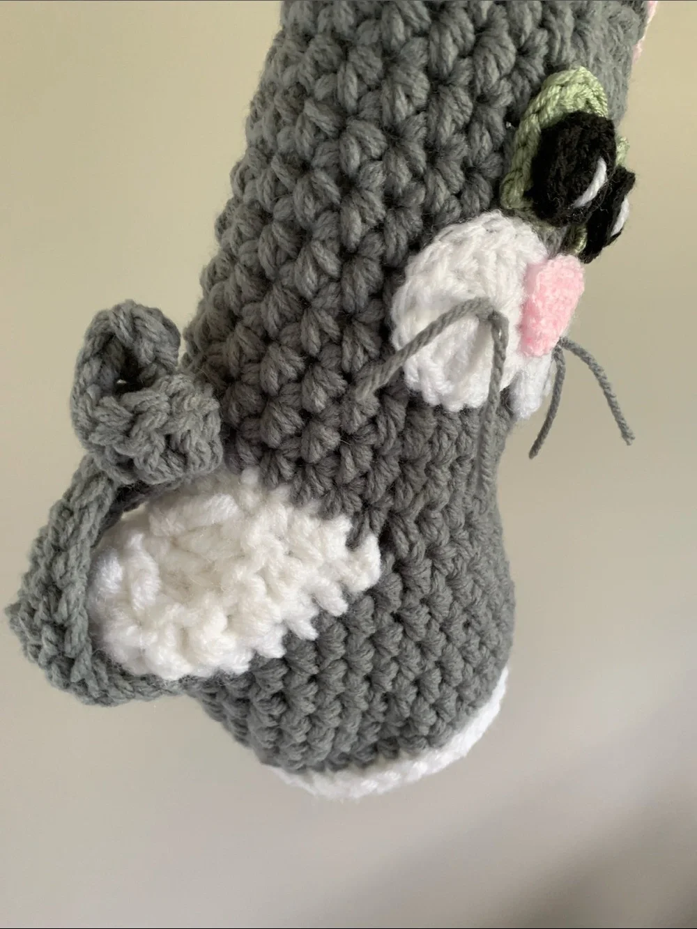 Handmade Gray & Pink Crochet Cat Stocking